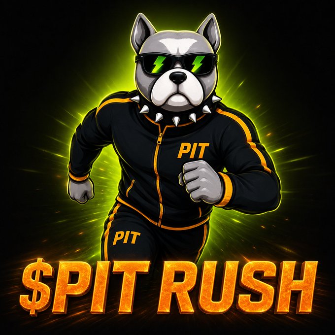A muscular Pitbull mascot wearing sunglasses, a spiked collar, and a black tracksuit with "PIT" branding charges forward against a glowing green energy backdrop, above fiery orange text reading "$PIT RUSH" — visually teasing the energetic, community-driven fitness project referenced in the post.