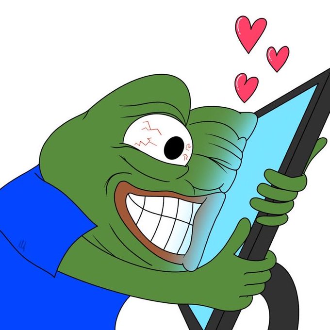 A cartoon Pepe the Frog character happily hugging a tablet or screen, with three red hearts floating above.