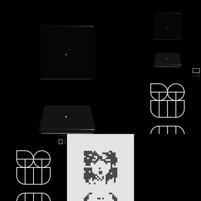 Another dark composition similar to image 5, displaying black square shapes and a stylized white logo on the right, with a pixelated character in the center.