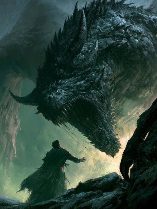 A fantasy artwork depicting a small figure in a dark cloak confronting a massive, menacing dragon in a misty, rocky landscape.