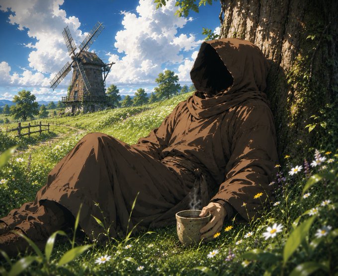 A hooded figure rests peacefully against a tree in a wildflower-filled meadow, holding a steaming cup, with an old windmill in the distance under a bright sky—capturing the essence of the post's call to "touch green grass" on Sunday as a mindful break from market obsession.