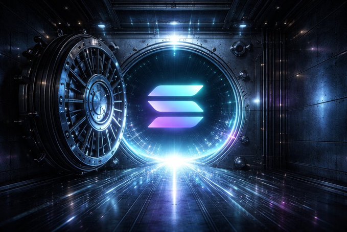 The image features a large, metallic vault with a blue and purple logo that reads "solana". This logo is located at the center of the frame, drawing attention to its significance. The vault appears to be made of metal and has an intricate design, suggesting it might be used for storing valuable items or documents securely. The background of the image is dark, which contrasts with the vibrant colors of the vault's logo and adds depth to the scene. The caption "solana is the future of finance." implies that the vault symbolizes a new era in financial technology, where digital currencies like Bitcoin are gaining prominence.