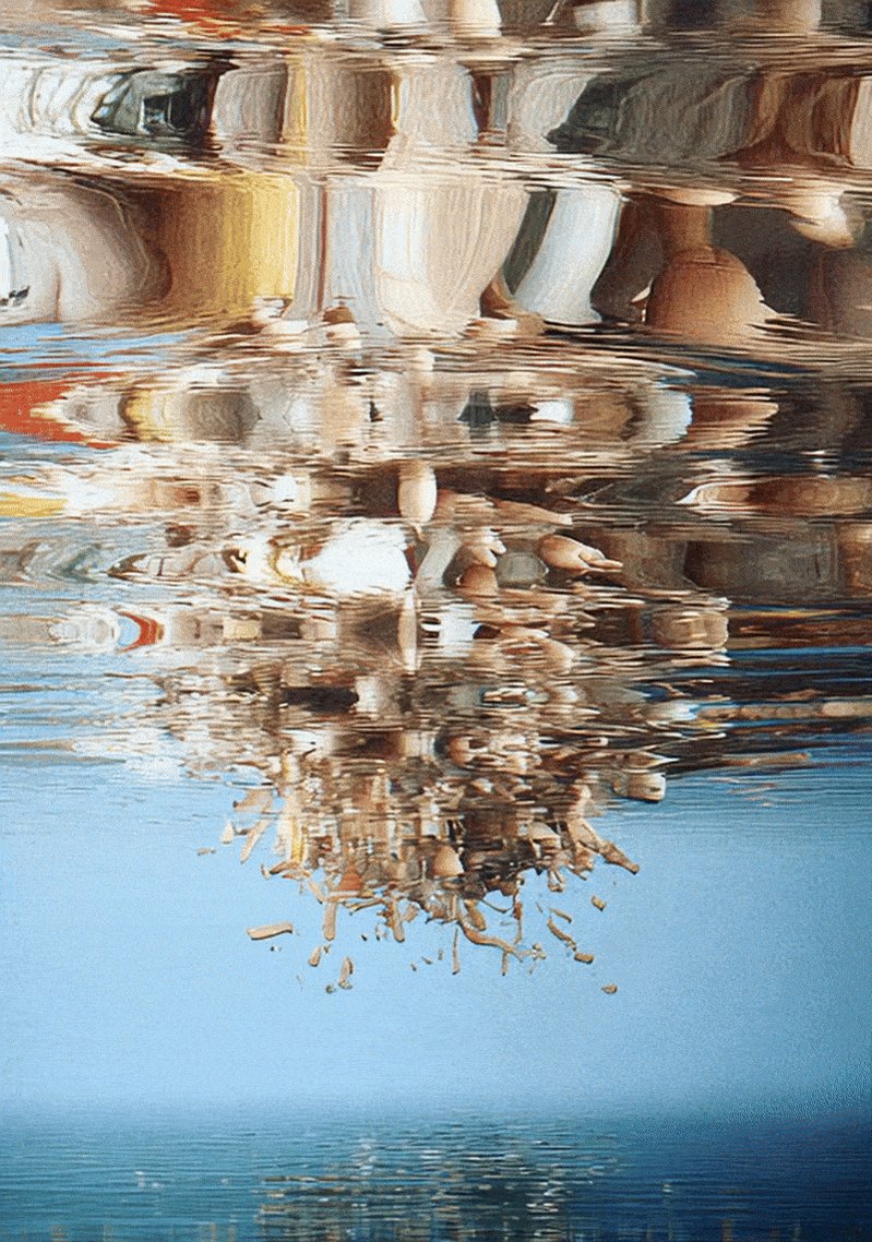 The image features a painting of a group of people reflected in water, creating an interesting visual effect that looks like they are floating above the surface. The painting has a blue background with white and brown elements, giving it a unique and artistic appearance. The caption provided for this image is "GM Residues - Happy Valley Gallery by Saucebook 5/15 eds - 3.77 Tezos". This suggests that the artist who created this piece of art may have used a technique to create an illusion of floating or floating objects in water, adding depth and complexity to their work.