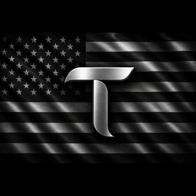 A black and white image featuring the Tesla logo overlaid on a waving United States flag.