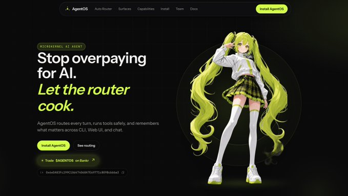 A website header for AgentOS featuring an anime-style character, with text reading 'MICROKERNEL AS AGENT - Stop overpaying for AI. Let the router cook.' and buttons to 'Install AgentOS' and 'See routing.'