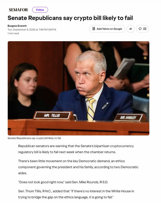 A Semafor news article by Burgess Everett dated September 8, 2026, headlined "Senate Republicans say crypto bill likely to fail," featuring a photo of Sen. Thom Tillis (R-NC) seated at a Senate hearing beside a nameplate reading "MR. TILLIS," with the article detailing that the bipartisan cryptocurrency regulatory bill faces collapse due to an unresolved ethics component regarding the president and his family, with Sen. Mike Rounds quoted saying "Does not look good right now."
