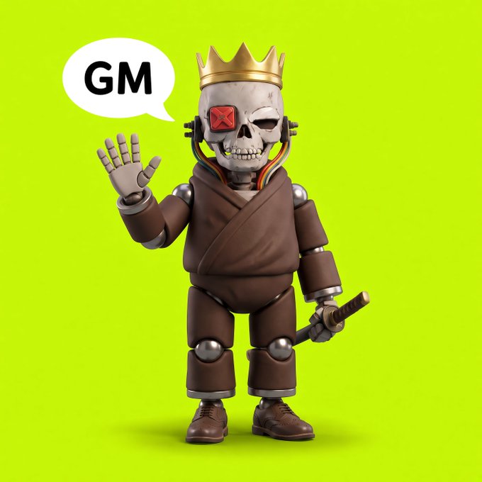 A 3D-rendered skeletal character wearing a golden crown and brown robes, waving with a speech bubble saying 'GM' on a bright green background.