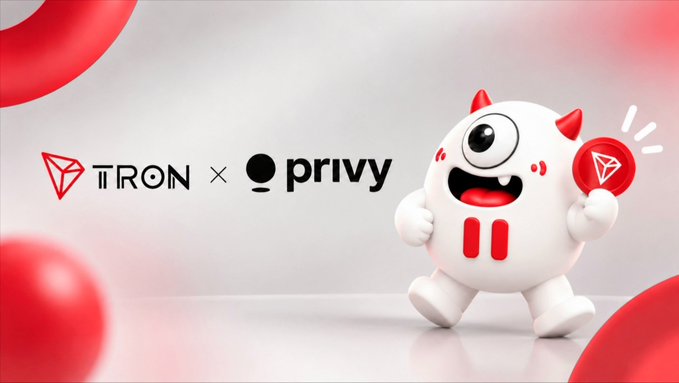 Promotional graphic showing a partnership between TRON and Privy, featuring a white cartoon character with red horns holding a TRON logo coin.