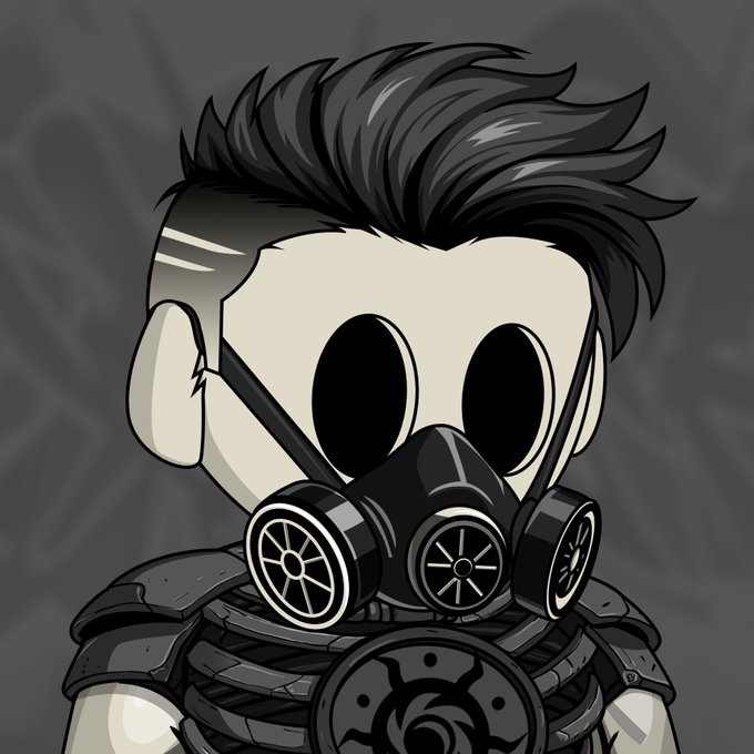 A cartoon-style illustration of a character wearing a black gas mask and tactical gear, with stylized dark hair and large blank eyes.