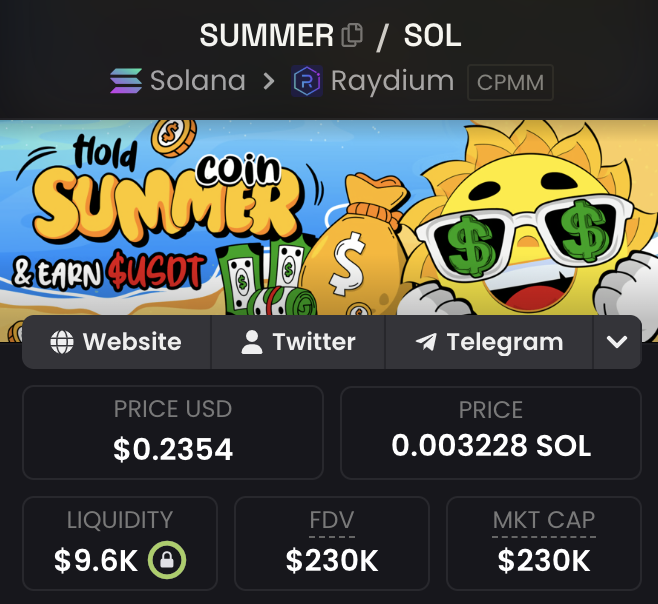 A meme coin price tracker for $SUMMER on Solana via Raydium CPMM shows a price of $0.2354 (0.003228 SOL), a liquidity of $9.6K (locked), and a FDV/MKT CAP of $230K. The accompanying bullish post projects a rapid market cap increase from this $230K valuation to 1M and potentially 10M by August.