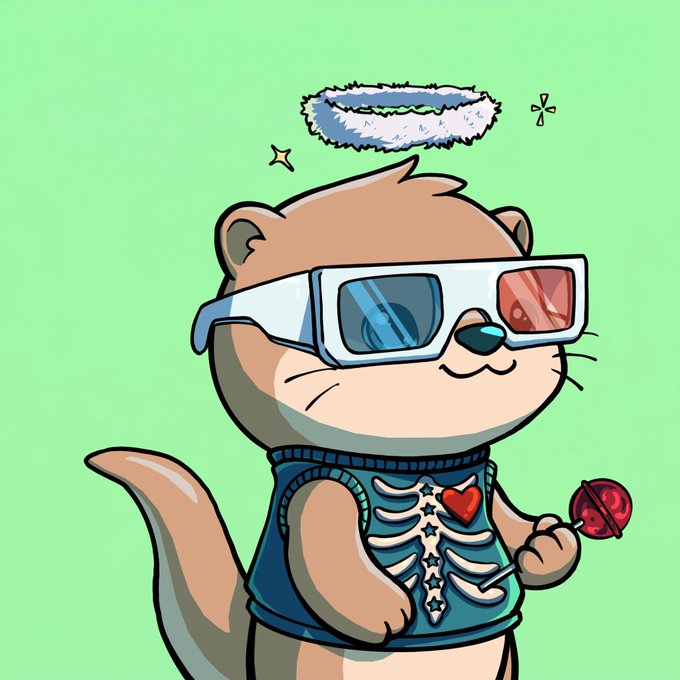 A cartoon illustration of an otter wearing 3D glasses and a skeleton sweater, holding a red lollipop, with a halo floating above its head, set on a green background.