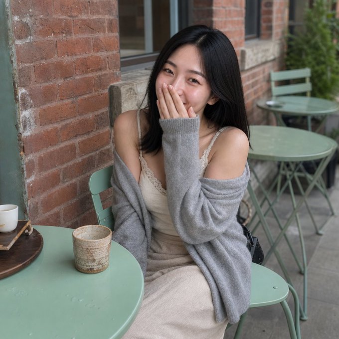 The image features a woman sitting at an outdoor table with a green chair. She has her hand over her mouth, possibly laughing or making a funny face. The scene takes place outside of a brick building, which could be a cafe or restaurant. On the table in front of her is a cup and saucer, suggesting that she might have been enjoying a drink while sitting there.

The image also includes a caption about stablecoins being an underrated asset in crypto. This adds context to the scene by implying that the woman's presence at this outdoor cafe could be related to the world of cryptocurrency or blockchain technology.