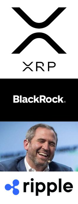 The image shows a vertical collage featuring the XRP logo, "BlackRock" text, a smiling man wearing a headset (likely a Ripple or BlackRock executive), and the "ripple" logo at the bottom. It visually represents the post's suggestion of a connection between BlackRock, Ripple, and XRP, tying into the discussion of BlackRock's whitepaper on AI agents needing financial rails—rails that Ripple/XRP could potentially provide.