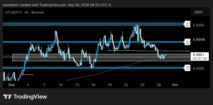 A 4-hour TradingView chart of LITUSDT.P on Binance displays price action fluctuating between horizontal support at 4.0000 and resistance near 5.5000, with the current price marked at 4.4801 and visible demand/consolidation zones between the levels. The chart illustrates the technical setup described in the post, showing price interacting with key levels, the EMA curve, and recent downside movement consistent with an oversold 4-hour RSI divergence scenario.