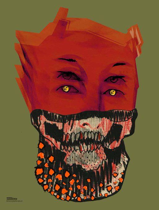 A stylized red digital illustration of a head with multiple eyes on the forehead and a menacing skeletal mouth with orange accents against an olive green background.