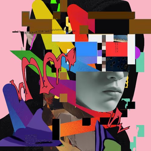 The image features a close-up of a person's face, with various elements from the surrounding environment, including a black hoodie, a rainbow gradient, and a bunch of text overlays. The background appears to be pink, possibly representing a pinkish color tone of a hoodie, adding to the visual chaos in this collage style image. A text overlay on top of the photo reads "R3ORDR #2784 has been sold for 0.169 ETH (#5848)", indicating that someone is selling an item worth $0.17. The focus of the image should be on understanding what the piece is depicting and how it connects to this particular post.