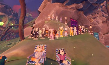 A screenshot from a video game showing a group of cartoonish characters gathered on a grassy hill with rocky terrain in the background, while two player characters sit on benches in the foreground.