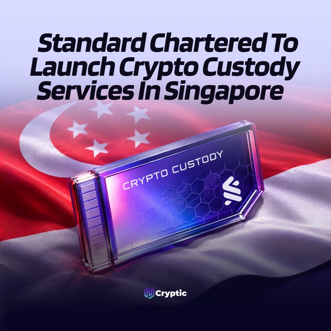 Standard Chartered (StanChart) logo displayed on a futuristic device labeled "CRYPTO CUSTODY" set against the Singapore flag, illustrating the bank's plan to launch crypto custody services for institutional clients in Singapore.