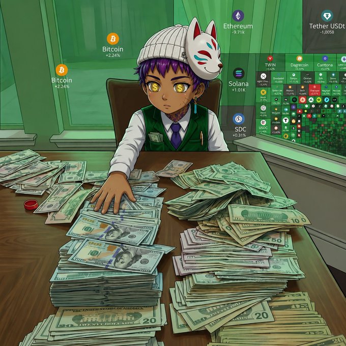 An anime-style illustration of a character with purple hair wearing a fox mask and dollar sign eyes, sitting at a desk covered in stacks of cash including $100, $50, and $20 bills, with a cryptocurrency market dashboard showing Bitcoin, Ethereum, Solana, and other coins in the background.