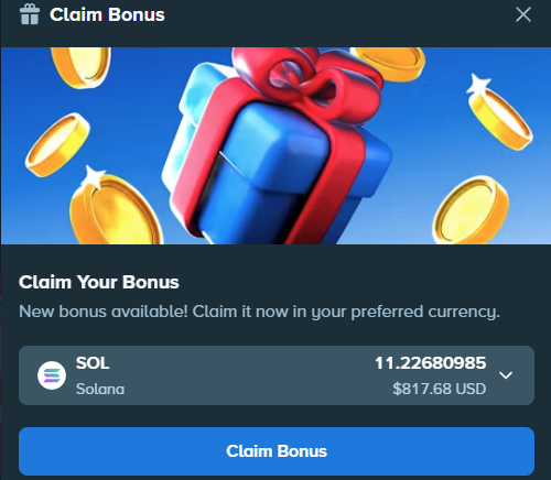 This image shows a "Claim Bonus" pop-up on Stake.com, offering a Solana (SOL) bonus of 11.22680985 SOL, valued at $817.68 USD. The post likely refers to this bonus, contrasting it with a "monthly" bonus to highlight its value.