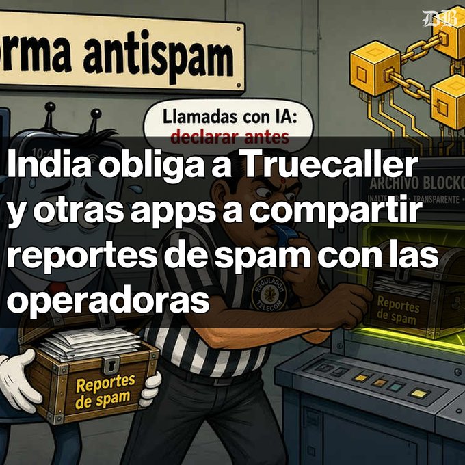 Illustration of a man holding a "Reportes de spam" (spam reports) chest at an "arma antispam" station, with an infographic headline stating "India obliga a Truecaller y otras apps a compartir reportes de spam con las operadoras" and noting "Llamadas con IA: declarar antes."