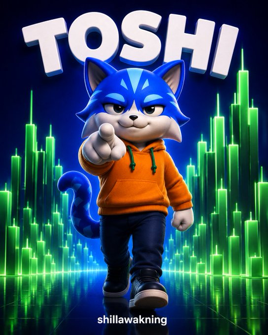 A 3D cartoon blue cat character in an orange hoodie pointing at the viewer, with 'TOSHI' displayed above and 'shillawakening' below against a green candlestick chart background.