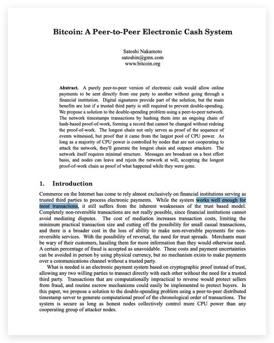 The image shows the first page of Satoshi Nakamoto's Bitcoin whitepaper, titled "Bitcoin: A Peer-to-Peer Electronic Cash System," with the abstract visible describing how the network uses proof-of-work to enable direct online payments without trusted third parties.

The post ties directly to the highlighted text in the abstract ("works well enough for most transactions"), suggesting that Bitcoin was designed to solve the trusted third-party problem—not to revolutionize global payments—and that similar misplaced ambition (like Ethereum's grander vision) often burdens foundational technology with expectations it was never built to fulfill.