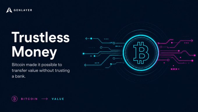 A dark-themed graphic by Genlayer displays the headline 'Trustless Money' with the text 'Bitcoin made it possible to transfer value without trusting a bank,' alongside a neon Bitcoin logo and circuit lines.