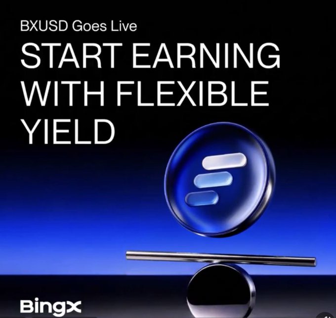 A promotional graphic for BingX announcing 'BXUSD Goes Live' with the text 'START EARNING WITH FLEXIBLE YIELD' alongside a 3D blue token logo.
