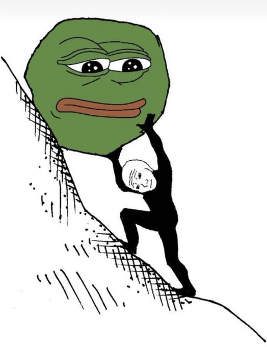 A Pepe the Frog meme in a 'Sisyphus' style, depicting the green frog character pushing a boulder up a hill.