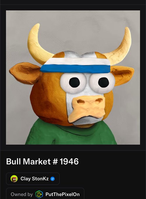 The image shows a 3D-rendered NFT titled "Bull Market #1946" from the "Clay StonKz" collection by PutThePixelOn, depicting a cartoonish clay-style bull with a white and blue headband, large googly eyes, and a green shirt. The accompanying post announces a giveaway of this Clay StonKz NFT, requesting reposts, tagging 2 people, and dropping a wallet in the comments with the hashtag #ClayUp.