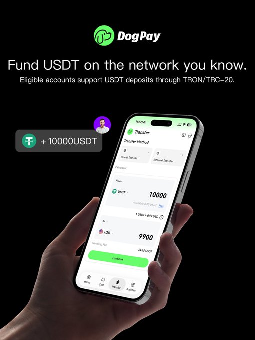 A promotional advertisement for DogPay featuring a smartphone displaying a USDT transfer interface, with the tagline 'Fund USDT on the network you know' and '+1000USDT'.