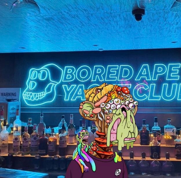 A person poses in front of a neon "Bored Ape Yacht Club" sign at a bar lined with liquor bottles, holding a monstrous taco overflowing with eyeballs, mushrooms, and slime that reflects the playful, quirky vibe of the BAYC NFT community.

Note: The caption takes creative liberty by describing the cartoonish taco in the foreground, which visually mirrors the post's "Taco Tuesday" theme while complementing the Bored Ape Yacht Club branding in the background.