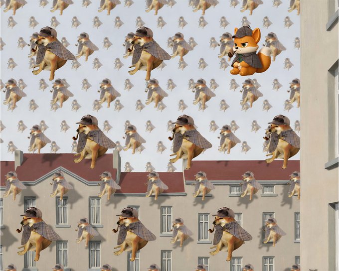 A repeating pattern of detective-shibas dressed as Sherlock Holmes and a cartoon fox mascot fills the scene, humorously illustrating the "Brain Gainz" quiz challenge for the $PIPEDOG token on KuCoin Exchange, blending playful detective imagery with crypto promotion.