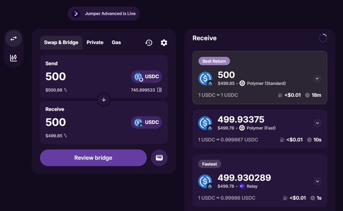 A dark-themed cryptocurrency swap and bridge interface showing a transaction of 500 USDC, with options for "Best Return," "Fastest," and "Review bridge."