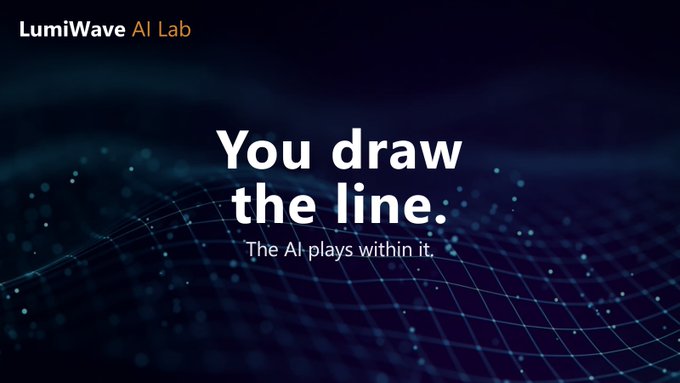 A dark digital banner for 'LumiWave AI Lab' featuring the tagline 'You draw the line. The AI plays within it.' over a glowing blue grid background.