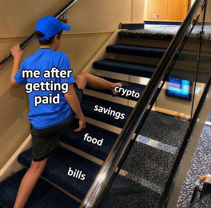 A humorous meme shows a man in a blue shirt and cap climbing stairs, with text labeling him "me after getting paid" and the steps labeled from top to bottom as "crypto," "savings," "food," and "bills."