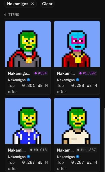 A mobile screenshot displays four pixel-art 'Nakamigos' NFT collectibles for sale, showing pixelated masked characters with prices ranging from 0.287 to 0.301 WETH.