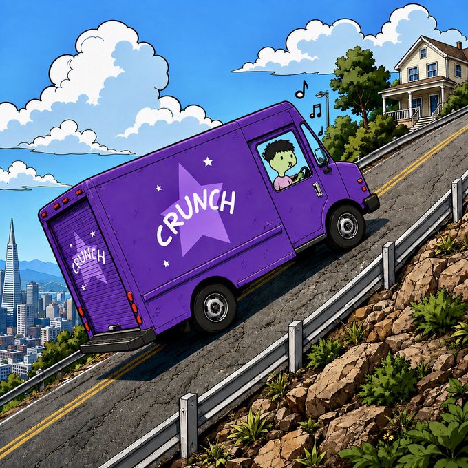 A cartoon illustration of a purple delivery van labeled 'CRUNCH' driving up a steep hill toward a house, with a city skyline in the background.