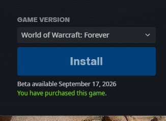 A digital storefront interface showing 'GAME VERSION' as 'World of Warcraft: Forever' with an 'Install' button and text stating 'Beta available September 17, 2026' and 'You have purchased this game.'