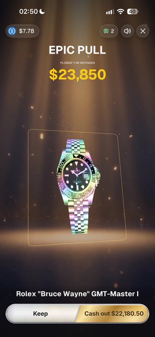A phone screen displays an "EPIC PULL" worth $23,850 showing a Rolex "Bruce Wayne" GMT-Master I rainbow watch from PumpFun, with options to Keep or Cash out $22,180.50 — matching the excitement of the post celebrating the extremely rare digital collectible watch pull.