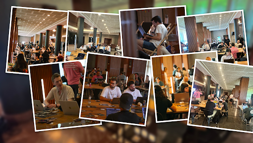 A collage of photos showing people working on laptops in what appears to be a co-working space or conference setting.