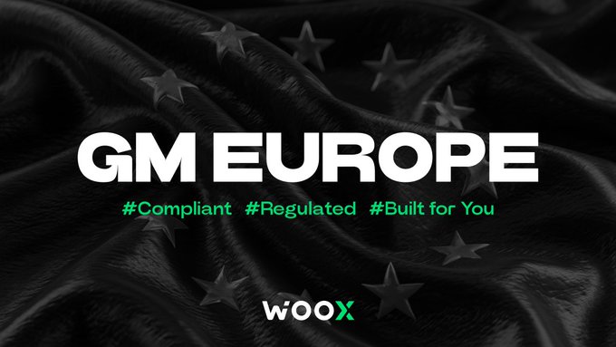 A promotional graphic with a dark leather background featuring stars and the text 'GM EUROPE' with hashtags '#Compliant #Regulated #Built for You' and the wOOX logo.