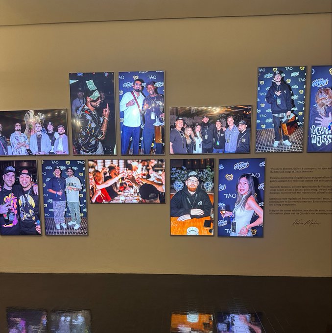 A gallery wall features a collection of photographs showing people at branded events with "TAO" and "dics" backdrops, alongside an informational plaque titled "Welcome to Monster, Gallery," with a sign reading "NIGHT OWLS."