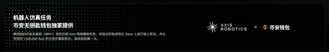 A dark promotional banner from AXIS ROBOTICS featuring Chinese text including '机器人仿真任务' and 'AXIS × 市安钱包' partnership details.