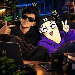 Two people pose excitedly in front of laptops featuring a crown logo—one wears sunglasses while flashing a peace sign, and the other sports a purple hoodie with a cartoon character face—celebrating their success with "FOMOATER" after achieving 6 passes through persistent effort. The image visually captures their joy and teamwork in the crypto/online venture mentioned in the post.