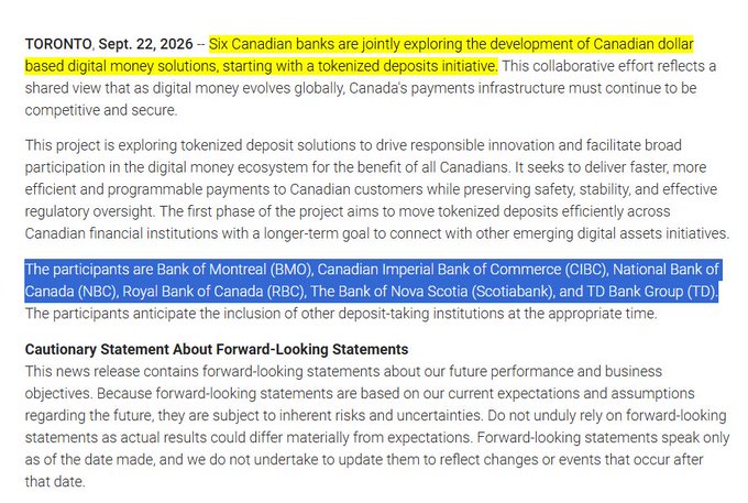 A news article dated TORONTO, Sept. 22, 2026, announcing that six Canadian banks are jointly exploring Canadian dollar based digital money solutions, with the participating banks (BMO, CIBC, NBC, RBC, Scotiabank, TD) highlighted.