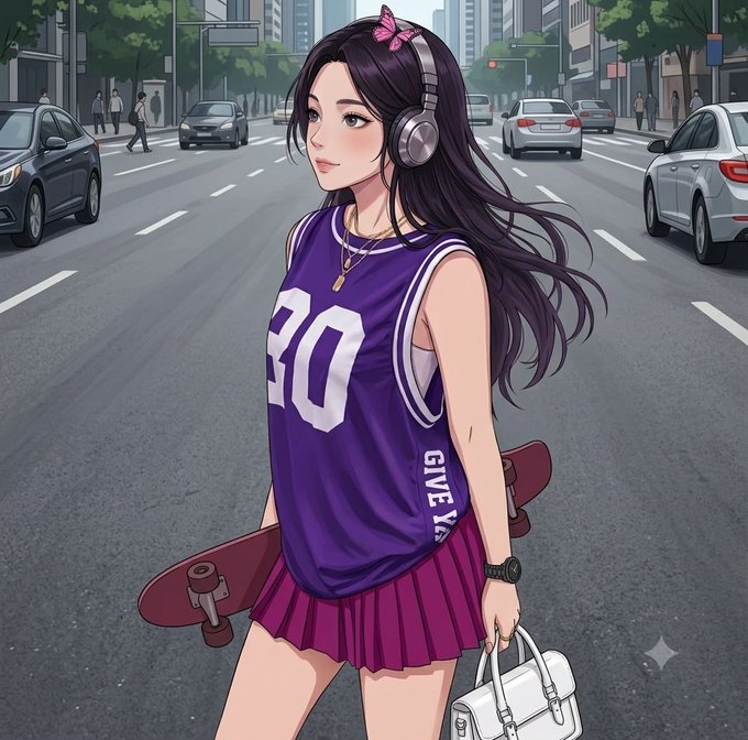 An anime-style illustration of a girl with long dark hair wearing headphones, a purple basketball jersey with the number 30, and a pleated skirt, holding a skateboard on a city street.