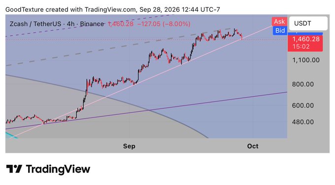 A TradingView 4-hour chart of Zcash/TetherUS (ZEC/USDT) on Binance shows the price at 1,460.28, down 8.00% (−127.05), with the late-September rally peaking near the 1,460 USDT level highlighted on the right axis. The chart visually supports the post's question about whether $1,460 will act as resistance or whether the price will fall back from it.