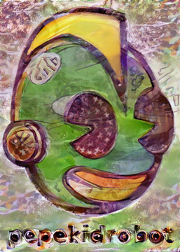 A colorful digital illustration of a green robot head with yellow accents, labeled "pepekidrobot" at the bottom.